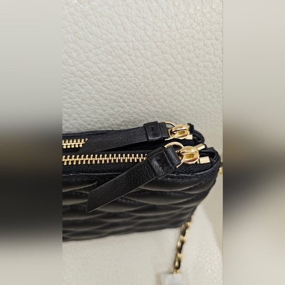 DKNY Lara Double Zip Black 100% Quilted Lamb Leather Crossbody Bag - Picture 6 of 7